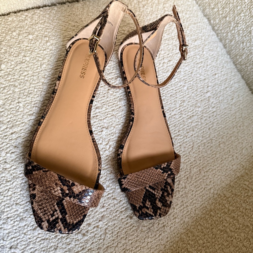 Express snake print ankle strap sandals, Square Toe Size 8